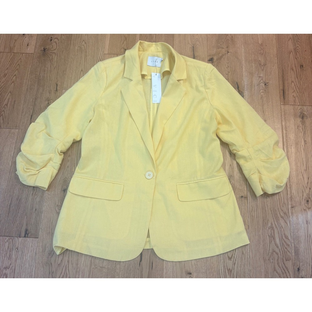 Lush VICI Yellow Linen Blend Ruched Sleeve Blazer Jacket LT13762C-CI Size M NEW